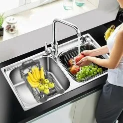 TUMALAGIA Extendable Sink Drainer, Stainless Steel Telescopic Drain Basket Extendable Sink Rack Dish Rack Over The Sink Dish Rack For Vegetable Fruit(Gray,S) -Faucet Shop 96485408 4