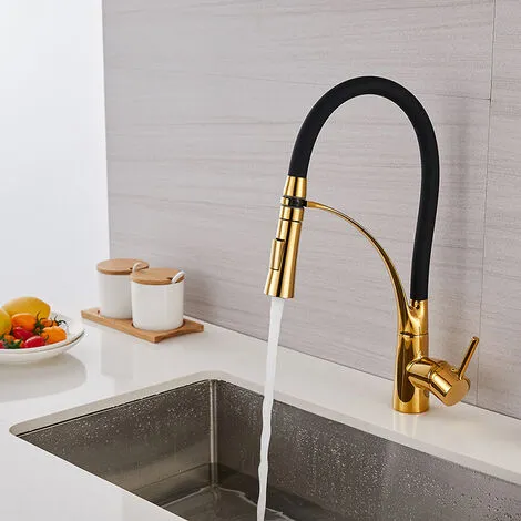 MIRLEY-UK Kitchen Faucet, 360° Swivel With Black Flexible Silicone Hose, Kitchen Mixer Tap With Detachable Metal Spray Gold 2 MIRLEY-UK Kitchen Faucet, 360° Swivel With Black Flexible Silicone Hose, Kitchen Mixer Tap With Detachable Metal Spray Gold - Image 2