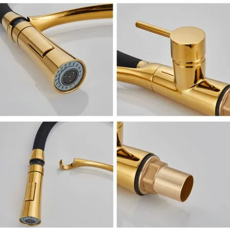 MIRLEY-UK Kitchen Faucet, 360° Swivel With Black Flexible Silicone Hose, Kitchen Mixer Tap With Detachable Metal Spray Gold 4 MIRLEY-UK Kitchen Faucet, 360° Swivel With Black Flexible Silicone Hose, Kitchen Mixer Tap With Detachable Metal Spray Gold - Image 4