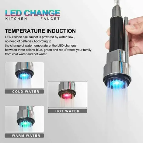 ZAMERY LED Kitchen Sink Mixer Tap Black, Spray 360 Degree Rotation Spout, With 3 Colour Temperature Display, Black Hose Single Handle Cold And Hot Water Brass Tap 2 ZAMERY LED Kitchen Sink Mixer Tap Black, Spray 360 Degree Rotation Spout, With 3 Colour Temperature Display, Black Hose Single Handle Cold And Hot Water Brass Tap - Image 2