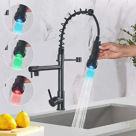 ZAMERY Kitchen Sink Mixer Tap LED Black, Spray 360 Degree Rotation Spout, With 3 Colour Temperature Display, Black Hose Single Handle Cold And Hot Water Brass Tap 2 ZAMERY Kitchen Sink Mixer Tap LED Black, Spray 360 Degree Rotation Spout, With 3 Colour Temperature Display, Black Hose Single Handle Cold And Hot Water Brass Tap - Image 2