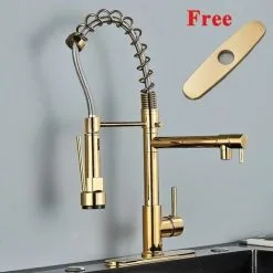 ZAMERY LED Kitchen Sink Mixer Tap Gold, Spray 360 Degree Rotation Spout, With 3 Colour Temperature Display, Black Hose Single Handle Cold And Hot Water Brass Tap