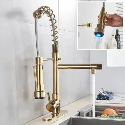 ZAMERY LED Kitchen Sink Mixer Tap Gold, Spray 360 Degree Rotation Spout, With 3 Colour Temperature Display, Black Hose Single Handle Cold And Hot Water Brass Tap -Faucet Shop 99338392 3